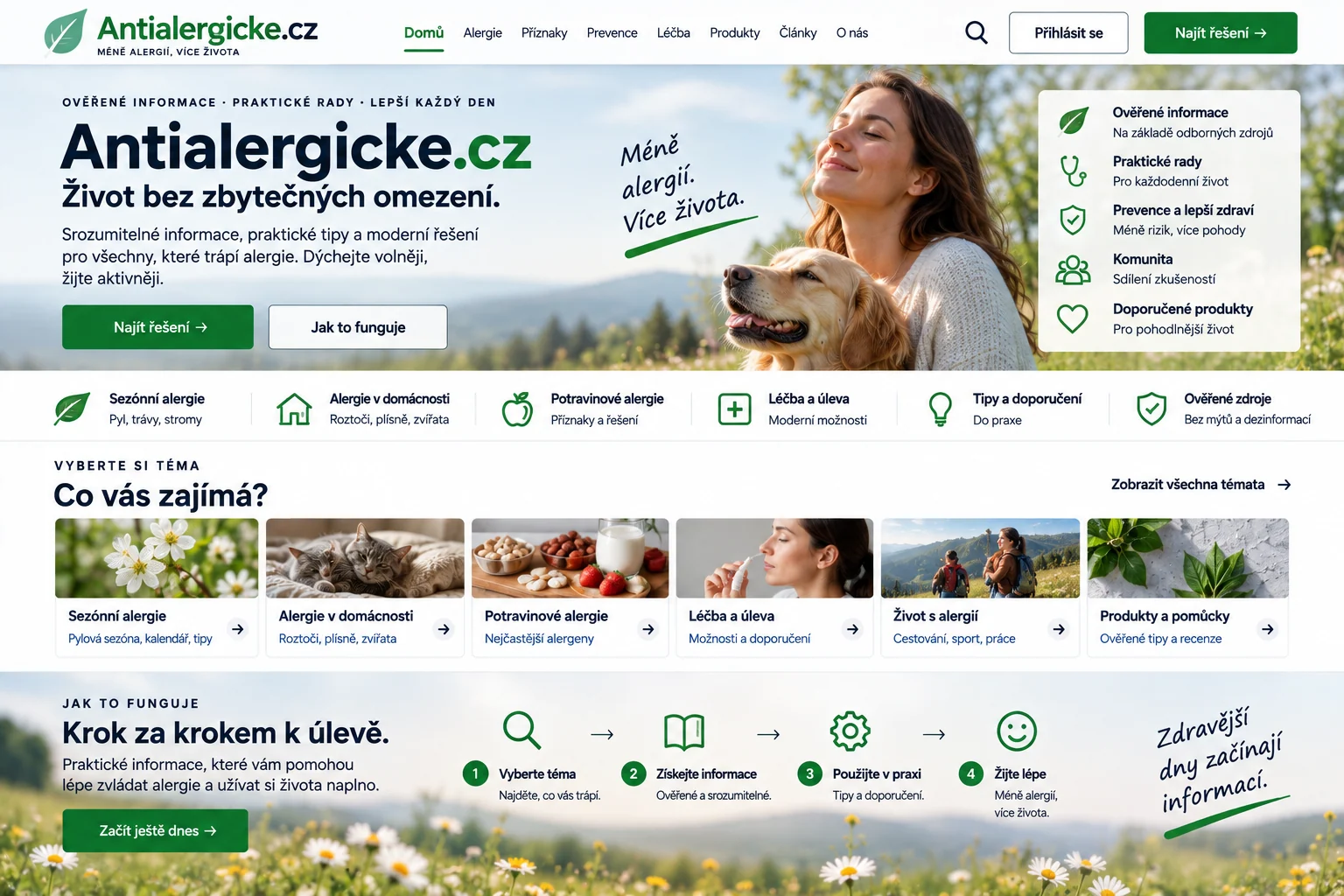 Ilustrační návrh webu Antialergicke.cz v bílé a zelené